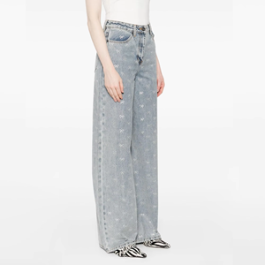 Pantalones Vaqueros de Mezclilla para Mujer, Estilo Coquette Y2K, con Lazo, Estampados, de Cintura Alta, Pierna Ancha, Color Azul Claro - Product Image 3