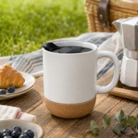Tasse en Céramique Personnalisée avec Logo pour Cadeau d'Affaires, Mug en Grès pour Bureau et Maison, Boissons Chaudes ou Froides avec Base en Liège et Couvercle Coulissant