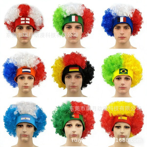 <b>Wigs</b> Football Fan <b>Wig</b> With Flag Headband Elastic Mesh Cap Kanekalon Fiber Machine Made Glueless Adult Size - Product Image 1