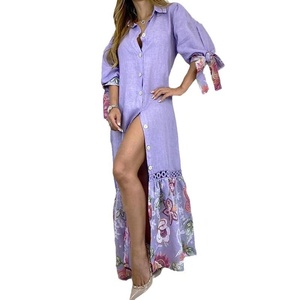 Vestido Largo Estilo Camisa con Mangas 7/8, de Algodón <span class=keywords><strong>y</strong></span> Lino, con Cordones <span class=keywords><strong>y</strong></span> Estampado Floral, Corte en A, Casual, para Otoño - Product Image 2