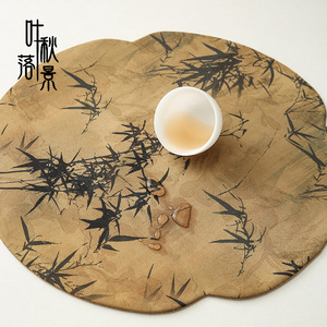 Tapis à thé en coton et lin d'inspiration zen chinoise avec motif prune et bambou pour théière, tasse et usage domestique - Product Image 4