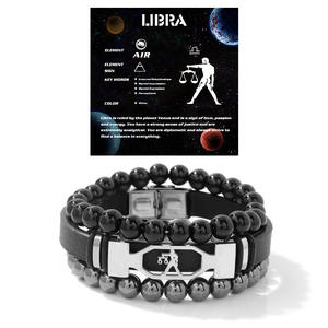 Punk Retro 8mm Hematite Beads Twelve Zodiac Cierre de acero inoxidable Twelve Zodiac Silicone Beaded Bracelet Set para regalo de cumpleaños - Product Image 1