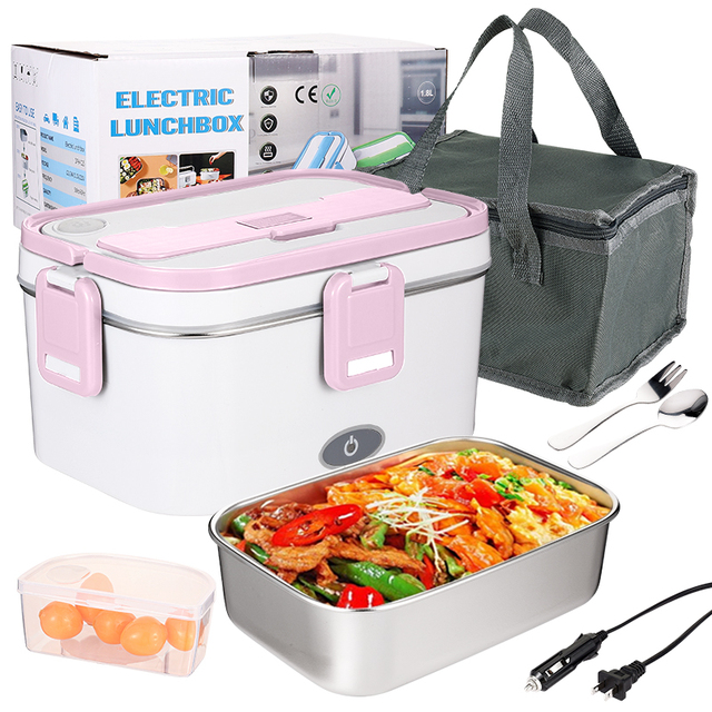 Portable 60W Electric Lunch Box 1.8L Hot Food Warmer Heating Compatible 12V/24V/220V/110V Cars/Trucks/Homes/12V