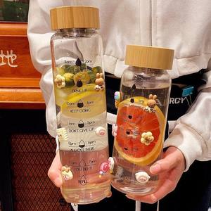 Stylish Glass <b>Water</b> <b>Bottle</b> With Wooden Lid 700ml 1000ml Large Capacity Hydration <b>Tracker</b> For Travel And Daily Use - Product Image 4