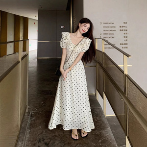 French Style Ruffled Waist <b>Dress</b> With Flutter Sleeves Tie Neck Polka Dot Maxi <b>Dress</b> <b>Elastic</b> Waist Breathable Holiday - Product Image 1