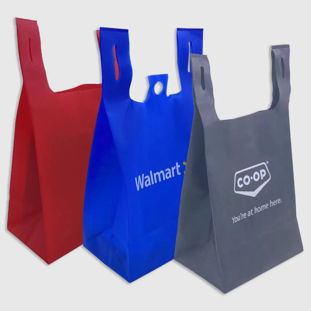Özel toptan mavi promosyon dokunmamış taşınabilir t shirt alışveriş yelek çanta Wal mart süpermarket t-shirt çanta için