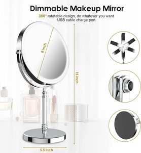 Miroir cosmétique HD LED réglable en luminosité de bureau de 8 pouces Miroir de maquillage grossissant 1/10x double face avec lumière naturelle - Product Image 2