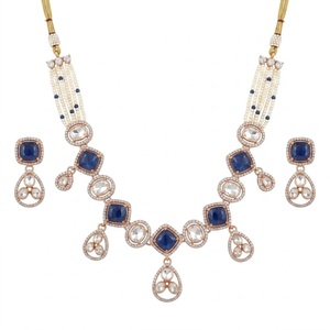 Rose 925 Silver Sapphire <b>Statement</b> <b>Necklace</b> Set with Diamond Accents and Beaded Chain for Women Wedding Jewelry - Product Image 1