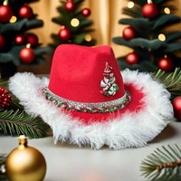 Chapeaux de cowboy en feutre rouge personnalisés en gros, avec plumes et cannes à sucre, pour fêtes de Noël et de fin d'année pour adultes