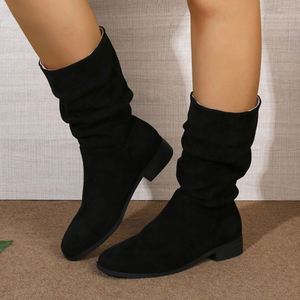 Bottes courtes à talon épais en <span class=keywords><strong>daim</strong></span> denim pour femmes, nouvelle collection automne-hiver 2025, avec un grand pli - Product Image 1