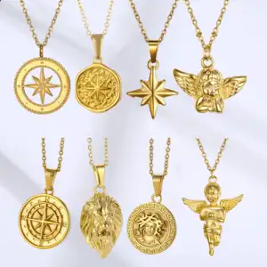 European Hot Sale Jewelry High Polish Gold Plated Stainless Steel Lion Star Compass Charm Pendant Angel Necklace For Men