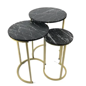 High Gloss Set Of 3 Coffee Nest Tables Side End Table Marble Effect Black Gold