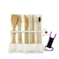 Conjunto de utensílios de jantar de bambu, faca, garfo, colher, hashi, escova de dentes, escova de dentes, conjunto de talheres de viagem com bolsa personalizada