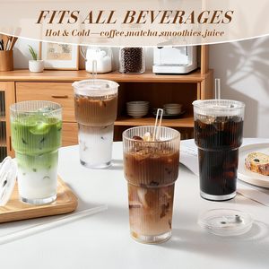 Gobelets à café glacé avec couvercles, gobelet <span class=keywords><strong>en</strong></span> <span class=keywords><strong>verre</strong></span> côtelé avec paille et couvercle, gobelet anti-fuite de <span class=keywords><strong>20</strong></span> oz, gobelets <span class=keywords><strong>en</strong></span> <span class=keywords><strong>verre</strong></span> réutilisables pour bar à café - Product Image 6