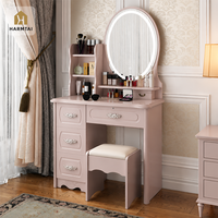 Ensemble coiffeuse moderne européenne blanche HarmTai avec miroir LED annulaire, meuble de rangement multifonction et tabouret inclus pour chambre à coucher