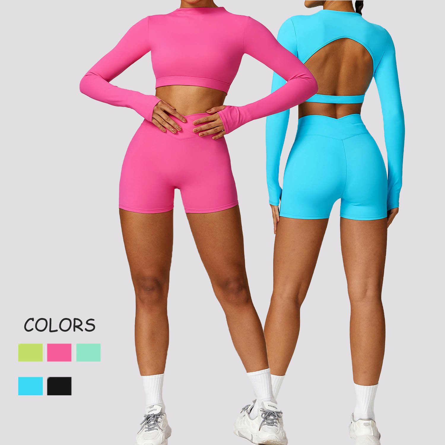 Women Sanding Round Neck Yoga Sports Clothes Lady Open Back Tight Gym Shirt Female Long Sleeve Crop Running Shirt