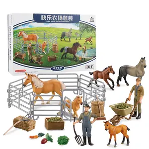 New family happy horse farm set simulation animal model breeding fence stable human craft decoration