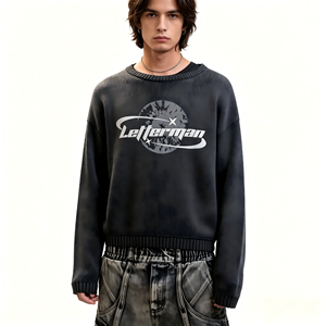 ODM Vintage Washed Cropped Knit Sweater Custom Logo Print Embroidery Crew Neck Top Soft Skin-friendly Fashion Daily Wear Men's - Product Image 2