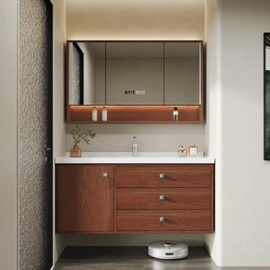 Mueble de Baño Retro de Madera de Nogal con Espejo LED Inteligente, Gabinete de Baño de Madera Sólida con Lavabo Integrado - Product Image 1