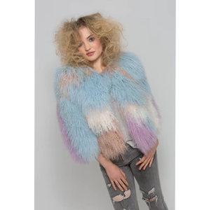 YR316 aceptar personalizado hacer mujeres cuello redondo moda bloque Color abrigo Real mongol chaqueta de piel de cordero - Product Image 4