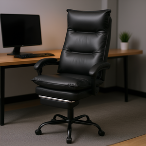 Silla Ejecutiva de Oficina, Respaldo Alto, Cuero Genuino, Reposabrazos Ajustables, Base Giratoria de Metal, Negra - Product Image 2