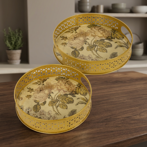 Floral Pattern <b>Round</b> <b>Serving</b> <b>Trays</b> With Handles Polished Metal Finish Residential Use - Product Image 2