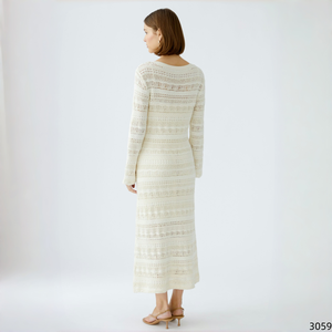 Vestido Midi de Punto Mixto con Cuello Redondo, Manga Campana, Semitransparente, Ajustado, con Estampado Geométrico para Mujer - Product Image 4