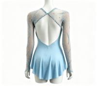 Robe de patinage artistique bleu clair, col en V, manches longues en maille, dos ouvert croisé, jupe courte ornée de strass pour adultes et enfants