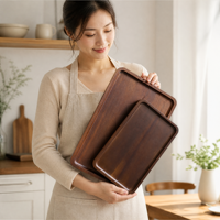 Plateau de service en bois d'acacia écologique avec poignées découpées pour café, restaurant – Ensemble de plateaux de service pour petit-déjeuner et thé