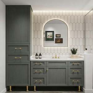 Mueble de Baño de Madera Maciza Verde Oscuro Personalizado |   Puerta con Rejilla + Herrajes Dorados |   Gabinete con Espejo Arqueado con Iluminación LED - Product Image 5