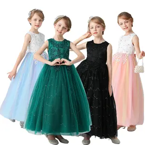 Neue Ankunft Applique Perlen Kinder Kleid Designs Ärmellose Mädchen Brautkleider Party Langes Ballkleid Kleid
