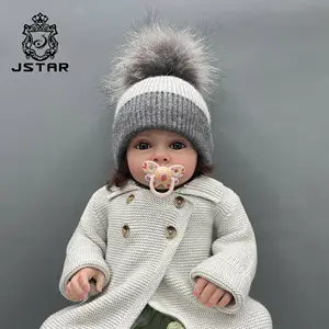 Jstar factory wholesale custom angora knitted real fur pompom beanie pom pom hats uk