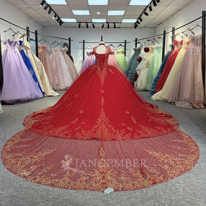 Robe de Quinceañera classique rouge Empire pour filles de 15 ans, avec taille naturelle, dentelle dorée, perles et cristaux, pour fête, avec châle - Product Image 4