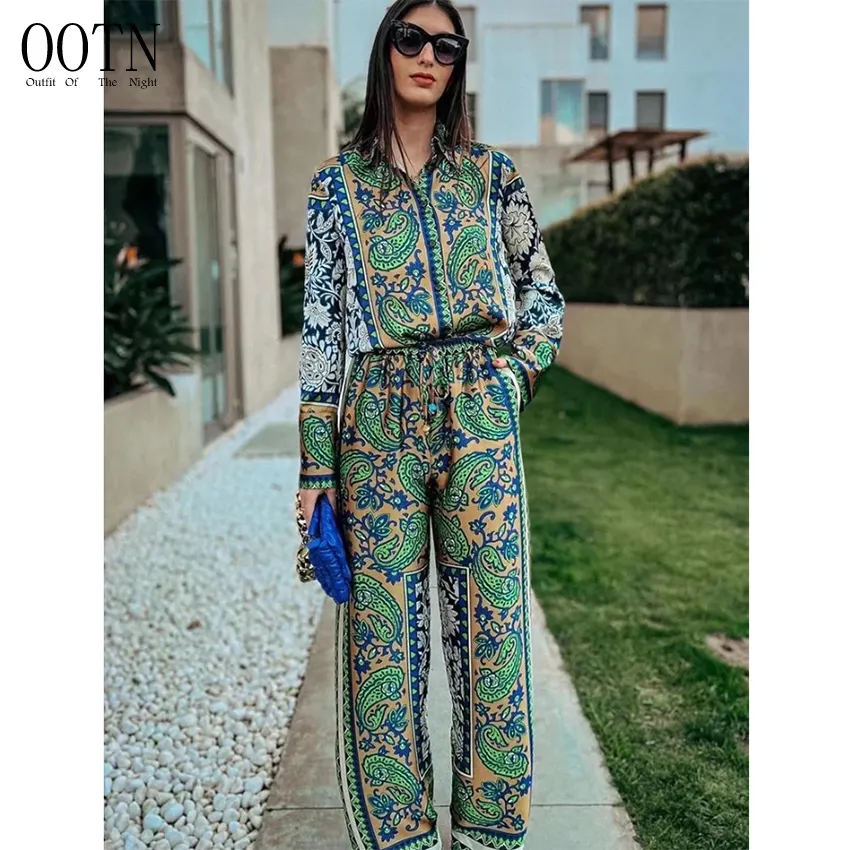 OOTN Long Sleeve Single Button Loose Shirts Women and High Waist Wide Leg Pants Boho Sets Vintage Green Floral Women Suits