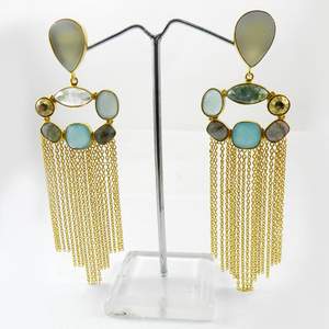 Pendientes Elegantes y Modernos para Mujer, Hechos a Mano por Diseñadores, con Cristal Blanco Druzy y Cristal Craquelado Aqua, Latón Chapado en Oro, Precio al por Mayor - Product Image 3