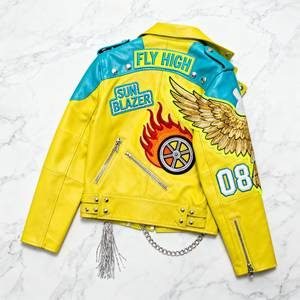 Blouson de moto en cuir classique <span class=keywords><strong>vintage</strong></span> de couleur jaune à la mode blouson de course bombardier en cuir avec logo OEM pour hommes design personnalisé - Product Image 2