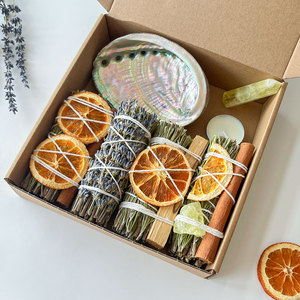 7 Pcs Kit Smudge Rosemary Bundle Laranja Lavanda Fatias Canela E Palo Santo Queima Placa De Cerâmica Com Cura Citrino - Product Image 1