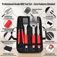 Ensemble de 4 ustensiles de barbecue en acier inoxydable avec poignées TPR rouges et étui de transport à fermeture éclair – Accessoires de barbecue d'extérieur
