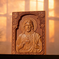 Icône du Sacré-Cœur de Jésus en bois sculpté à la main, plaque murale religieuse dorée, décoration catholique chrétienne pour la maison