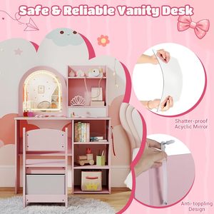 <span class=keywords><strong>Table</strong></span> de maquillage rose en <span class=keywords><strong>bois</strong></span> pour enfants avec étagères de rangement pour chambre <span class=keywords><strong>à</strong></span> coucher, coiffeuse pour fillette avec miroir et lumières - Product Image 3