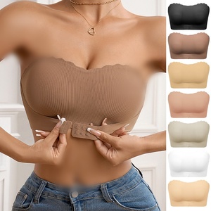 Striped Seamless Wave Edge <b>Thin</b> Breathable Sports <b>Bra</b> with Drop-Proof No-<b>Strap</b> Front Buckle Side Gathered Design - Product Image 1