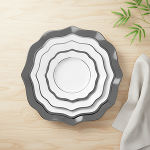 Service de table JC en <span class=keywords><strong>porcelaine</strong></span> fine <span class=keywords><strong>blanche</strong></span> avec bordure <span class=keywords><strong>argent</strong></span>ée, <span class=keywords><strong>assiette</strong></span> de présentation de forme irrégulière - Product Image 4
