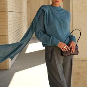 الخريف أنيق اليومي محبوك البلوز في الهواء الطلق وشاح مزيج تريكويت الموضة الرقبة وهمية المرأة متماسكة سترة - Product Image 2