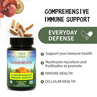 Poudre complexe 10 en 1 de champignons Reishi, Crinière de lion, Chaga, Cordyceps, Turkey Tail, Maitake, Capsules végétariennes rouges 500mg