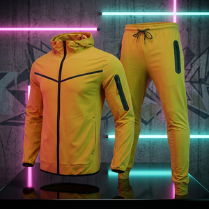 Ensemble de survêtement jaune à capuche pour homme, manches longues, fermeture éclair, pantalon de jogging sportif, couleur unie, séchage rapide, tenue d'automne - Product Image 1