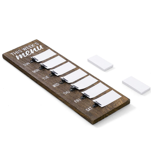 JUNJI Panneau de menu quotidien en <span class=keywords><strong>bois</strong></span> rustique pour la cuisine Planificateur de repas hebdomadaire avec clips magnétiques Décoration intérieure Tableau peint - Product Image 1