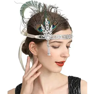 Grande Gatsby 1920s Flapper Menina Mulheres Festa de showgirl fantasia de vintage penas strass bandana elástica