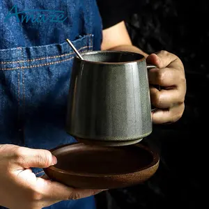 反応性釉薬カスタムロゴコーヒーティーマグヴィンテージ日本水ラテセラミックカップ木製受け皿付き