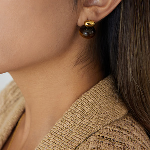 <b>Stud</b> <b>Earrings</b> Tiger Eye Ball Shape 18K Gold Plated Stainless Steel Geometric Design Fashion Jewelry - Product Image 3