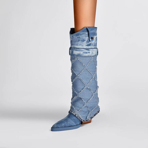 2025 Neue modische gewaschene Jeans stiefel mit spitzen Zehen und dickem Absatz Gürtels chnalle mit rauen Kanten Lange Stiefel für Frauen - Product Image 3